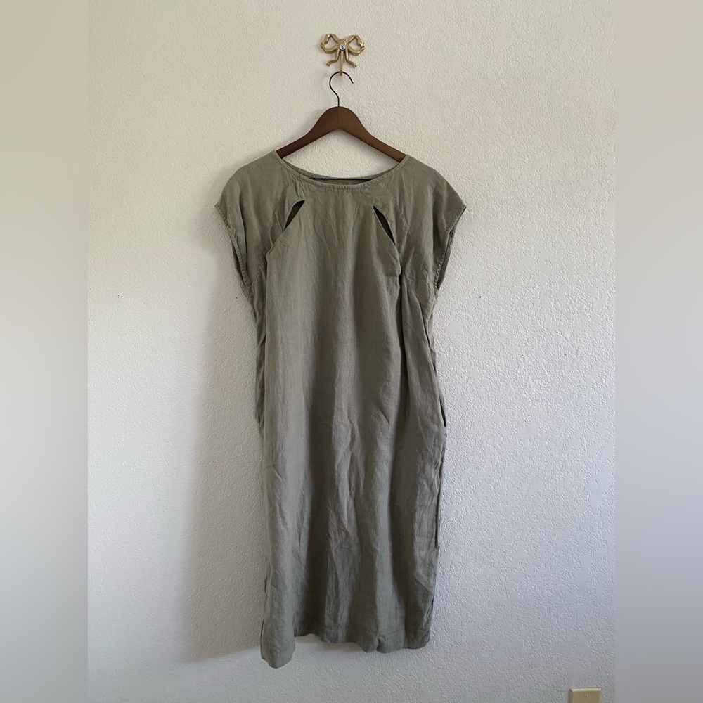 Black Crane Cutout Back Linen Tunic Dress XS Pockets Lagenlook Oversized